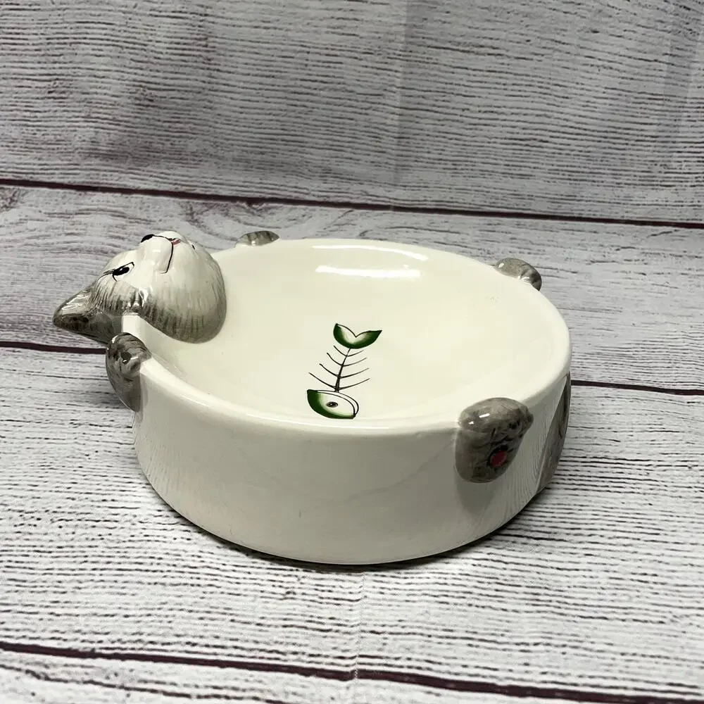 Ceramic Sleeping Cat Bowl with Fish Bone - 3D Sculpted Pet Food Dish 7